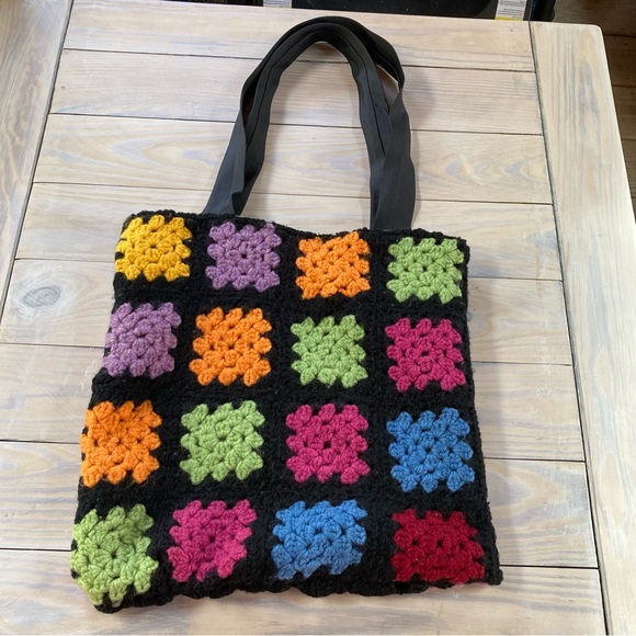 Granny Square Crochet Tote Bag Book Bag Colorful Floral 13 x 13 inches - Picture 3 of 8